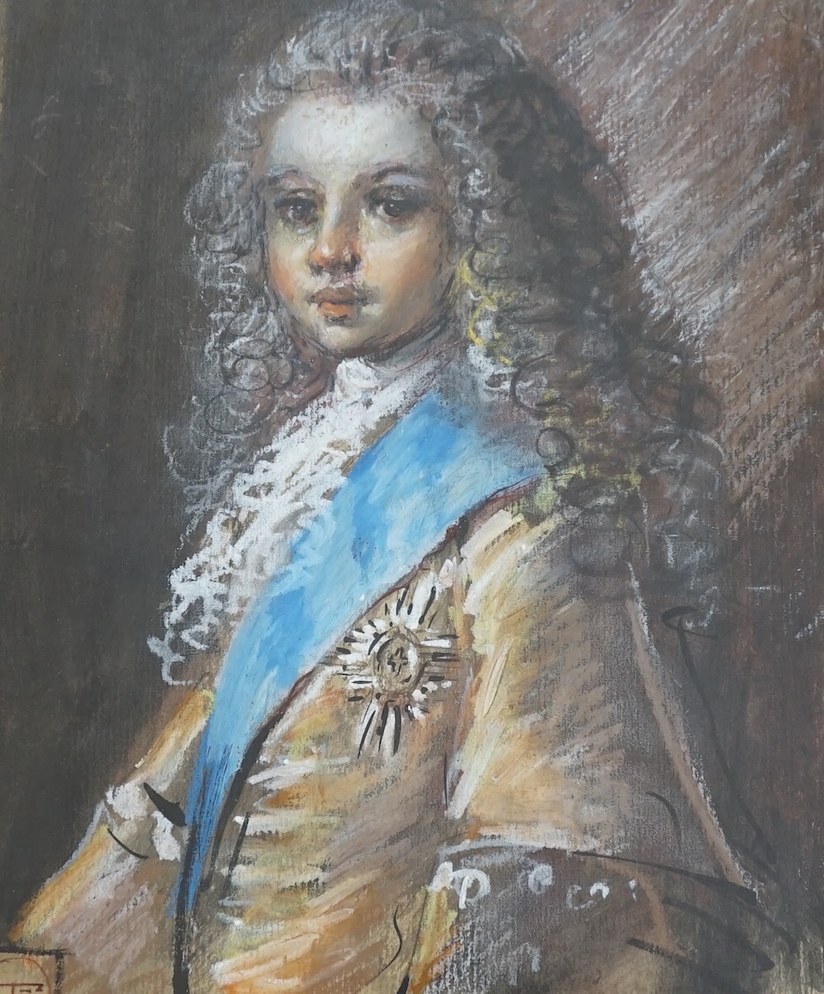 Thomas O’Donnell (Irish, 20th century), heightened pastel, Portrait of a young boy wearing 18th century dress, possibly Bonnie Prince Charlie, signed with monogram, 29 x 24cm. Condition - good